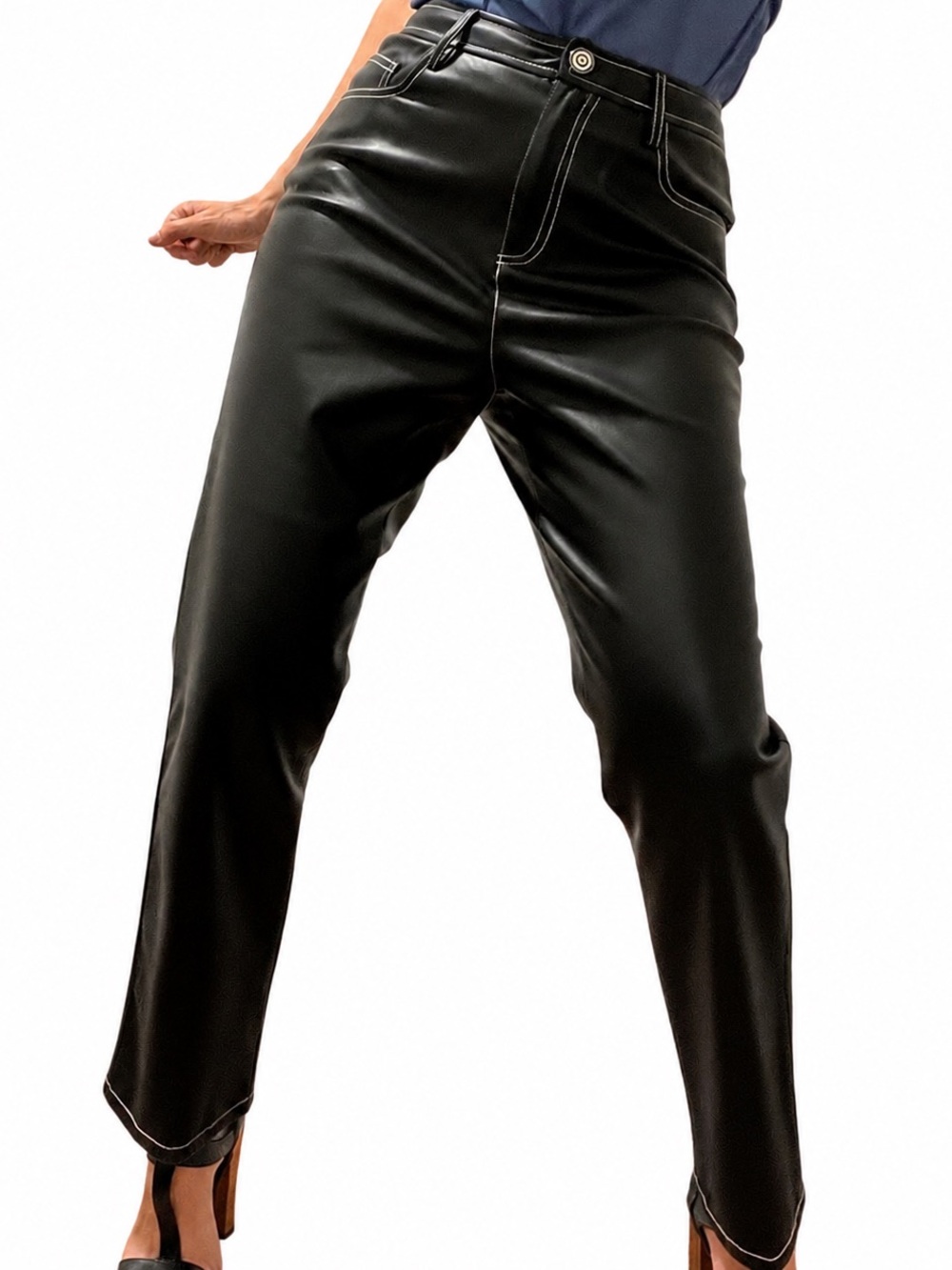 Staud Faux Leather Jeans w Contrast Stitching Size 0 - Picture 1 of 8